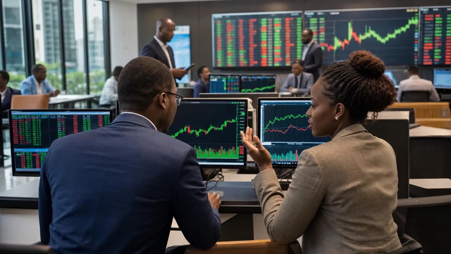Tanzanian market professionals reviewing stock charts in a securities operations room