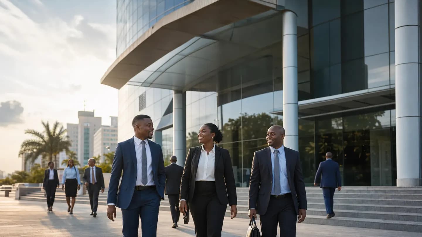 Tanzanian business professionals outside a modern corporate office in Dar es Salaam