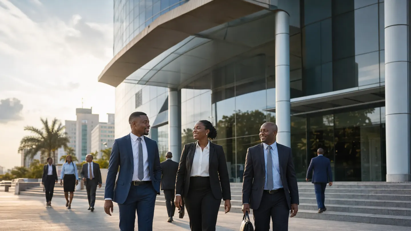 Tanzanian business professionals outside a modern corporate office in Dar es Salaam